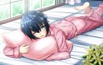  1girl ahoge alternate_costume barefoot bed black_hair blue_eyes curtains day feet_up flower indoors kino kino_no_tabi light_particles looking_at_viewer lying on_bed on_stomach one_eye_closed pajamas parted_lips pillow pillow_hug pink_pajamas shadow short_hair solo the_pose tsukigumo_(tukamu) unmoving_pattern window 