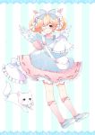  1girl :3 bag blonde_hair blue_bow blue_dress blue_eyes blue_footwear blush bow cat closed_mouth commission cutesu_(cutesuu) double_bun dress eyepatch frilled_dress frills hair_bow highres layered_dress long_sleeves looking_at_viewer medical_eyepatch original peachpii pink_dress pink_legwear short_hair shoulder_bag sleeves_past_fingers smile socks solo wings 