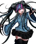  1girl alternate_costume black_hair black_legwear chinese_clothes dangan_ronpa fingerless_gloves gloves highres kurokku-tokei looking_at_viewer mioda_ibuki multicolored_hair piercing pink_eyes pink_hair pleated_skirt skirt solo super_dangan_ronpa_2 thigh-highs white_hair 