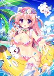  1girl banana_boat beach bikini blush breasts cherry cleavage flower food fruit hair_flower hair_ornament heart highres ice_cream long_hair looking_at_viewer medium_breasts moe2018 navel ocean open_mouth original pink_bikini pink_hair sitting smile solo summer swimsuit violet_eyes water yuyumatsu 