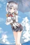  1girl :d absurdres bangs beret black_legwear blue_eyes blush breasts clouds collared_shirt commentary condensation_trail day epaulettes eyebrows_visible_through_hair frilled_sleeves frills gloves grey_shirt hair_between_eyes hat highres holding holding_umbrella jacket kantai_collection kashima_(kantai_collection) kneehighs large_breasts lens_flare long_hair long_sleeves looking_at_viewer looking_to_the_side military military_jacket military_uniform miniskirt neckerchief ocean open_mouth pleated_skirt red_neckwear shirt sidelocks silver_hair skirt sky smile solo sunoril tsurime umbrella uniform wavy_hair white_gloves white_jacket 