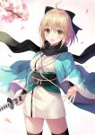  1girl :d ahoge bangs black_legwear black_scarf blonde_hair blush bow cherry_blossoms cowboy_shot eyebrows_visible_through_hair fate/grand_order fate_(series) flower hair_bow half_updo haori harimoji holding holding_sword holding_weapon japanese_clothes katana kimono koha-ace long_sleeves looking_at_viewer obi okita_souji_(fate) open_mouth petals sash scarf sheath sheathed short_hair short_kimono smile solo standing sword thigh-highs weapon wide_sleeves yellow_eyes 