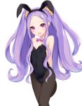  1girl animal_ears arms_behind_back black_legwear black_leotard bow bowtie bunny_tail bunnysuit cowboy_shot detached_collar fang fate/grand_order fate_(series) flat_chest leotard long_hair looking_at_viewer meuneyu open_mouth pantyhose pink_neckwear purple_hair rabbit_ears smile solo strapless strapless_leotard tail very_long_hair violet_eyes white_background wu_zetian_(fate/grand_order) 
