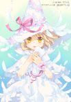  1girl :o blue_background capelet copyright_request dress feathers gradient gradient_background hands_up hat hat_ribbon kuga_tsukasa parted_lips pink_ribbon ribbon solo translation_request watermark white_capelet white_dress white_hat witch_hat wristband yellow_eyes 