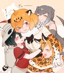  4girls :3 animal_ears backpack bag bare_shoulders black_hair black_neckwear blonde_hair blush bow bowtie bucket_hat closed_eyes comic commentary_request elbow_gloves eyebrows_visible_through_hair fang feathers fingerless_gloves fur_collar gloves grey_hair group_hug hat hug jaguar_(kemono_friends) jaguar_ears jaguar_print jaguar_tail kaban_(kemono_friends) kemono_friends multiple_girls one-piece_swimsuit otter_ears otter_tail serval_(kemono_friends) serval_ears serval_print seto_(harunadragon) shirt short_hair short_sleeves shorts skirt small-clawed_otter_(kemono_friends) smile swimsuit t-shirt translation_request vest 