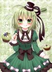  1girl :p bangs black_bow black_hat black_ribbon blush bow closed_mouth cupcake dress eyebrows_visible_through_hair food fork frilled_shirt_collar frills green_dress green_eyes green_hair hair_between_eyes hair_ornament hair_ribbon hat himetsuki_luna holding holding_fork juliet_sleeves long_sleeves looking_at_viewer macaron mini_hat mini_top_hat puffy_sleeves ribbon smile soga_no_tojiko solo striped tongue tongue_out top_hat touhou vertical-striped_dress vertical_stripes x_hair_ornament 