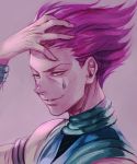  1boy facial_mark grey_background grin hair_slicked_back hand_up hankuri hisoka_(hunter_x_hunter) hunter_x_hunter male_focus parted_lips pink_hair simple_background smile solo upper_body wristband yellow_eyes 