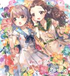  2girls :d :o absurdres bangs blue_flower blue_neckwear blue_sailor_collar blush bow bowtie brown_eyes brown_hair commentary_request dress eyebrows_visible_through_hair flower forehead green_sailor_collar hair_between_eyes hand_up highres idolmaster idolmaster_cinderella_girls long_hair multiple_girls neckerchief open_mouth orange_flower orange_neckwear otokura_yuuki pink_flower purple_flower sailor_collar sailor_dress seki_hiromi short_sleeves smile very_long_hair white_background white_dress wrist_cuffs yellow_flower zuho_(vega) 