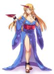  1girl artifedex artist_name bare_legs bare_shoulders blonde_hair blue_kimono breasts cleavage cuffs cup full_body half-closed_eyes holding horn hoshiguma_yuugi japanese_clothes kimono long_hair looking_to_the_side obi orange_eyes parted_lips sakazuki sandals sash shackles side_slit smile solo touhou unmoving_pattern very_long_hair white_background 