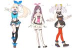 3girls :d a.i._channel arms_at_sides asymmetrical_legwear black_legwear blonde_hair blue_bow blue_eyes blue_skirt bow bowtie breasts brown_footwear brown_hair closed_mouth commentary_request contrapposto elbow_gloves eyebrows_visible_through_hair garter_straps gloves green_eyes hair_bow hair_ornament hairband hairclip hand_up height height_chart highres kaguya_luna kaguya_luna_(character) kizuna_ai looking_at_viewer medium_breasts midriff mirai_akari mirai_akari_project multicolored multicolored_eyes multiple_girls nagisa_kurousagi navel obi open_mouth orange_legwear pleated_skirt ponytail sailor_collar sash school_uniform serafuku shoes silver_hair simple_background skirt smile sneakers standing standing_on_one_leg thigh-highs twintails virtual_youtuber white_background white_gloves white_sailor_collar white_skirt wristband 