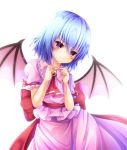  1girl bat_wings blouse blue_hair blush bow brooch clenched_hands contrapposto cravat expressionless eyebrows_visible_through_hair fingers_together head_tilt jewelry looking_at_viewer no_headwear pink_blouse pink_skirt puffy_short_sleeves puffy_sleeves red_eyes remilia_scarlet sash short_hair short_sleeves simple_background skirt solo touhou white_background wings yanagi_no_ki 