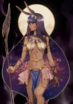  1girl absurdres animal_ears armlet bracelet breasts dark_skin earrings eyebrows_visible_through_hair facepaint fate/grand_order fate_(series) hairband hermithessa highres holding holding_staff jewelry large_breasts long_hair looking_at_viewer looking_to_the_side low-tied_long_hair navel nitocris_(fate/grand_order) purple_hair serious solo staff very_long_hair violet_eyes 
