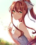  1girl bangs bare_arms bare_shoulders blurry blurry_background blush bow breasts brown_hair closed_mouth commentary day doki_doki_literature_club dress eyebrows_visible_through_hair green_eyes hair_bow hair_intakes hand_up janineuy09 long_hair looking_at_viewer medium_breasts monika_(doki_doki_literature_club) outdoors pointing pointing_at_self ponytail sideboob sidelocks sleeveless sleeveless_dress smile solo upper_body white_dress 