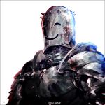  ambiguous_gender black_border blood blood_splatter border breastplate commentary_request copyright_request helmet kei-suwabe pauldrons plate_armor simple_background smiley_face solo spikes twitter_username upper_body white_background 