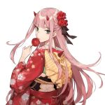  1girl aiko_(kanl) aqua_eyes bangs darling_in_the_franxx eyeshadow floral_print flower hair_flower hair_ornament holding horns japanese_clothes kimono long_sleeves looking_at_viewer looking_back makeup obi pink_hair sash simple_background solo straight_hair upper_body white_background yukata zero_two_(darling_in_the_franxx) 