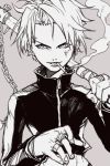  1boy cigarette copyright_request crop_top eyebrow_piercing facial_mark fingernails grey_background greyscale hankuri holding jacket jewelry long_sleeves looking_at_viewer male_focus monochrome mouth_hold piercing pipe ring screw simple_background smile smoke solo upper_body 