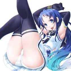  1girl armpits arms_up ass bangs bent_knee black_legwear blue_eyes blue_hair blush breasts dd_(ijigendd) elbow_gloves gloves gradient_hair hair_between_eyes head_tilt highres kantai_collection leg_lift long_hair looking_at_viewer lying multicolored_hair neckerchief on_back open_mouth panties pantyshot pantyshot_(lying) sailor_collar samidare_(kantai_collection) school_uniform serafuku shirt sidelocks simple_background skindentation skirt sleeveless sleeveless_shirt small_breasts smile solo swept_bangs thigh-highs thighs underwear very_long_hair white_background white_panties 