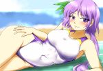  beach blue_sky breasts competition_swimsuit d-m_(dii_emu) flower hair_flower hair_ornament hand_on_hip lavender_hair looking_at_viewer low_twintails lying medium_breasts one-piece_swimsuit purple_swimsuit sand sky smile swimsuit touhou tsukumo_benben twintails two-tone_swimsuit water white_swimsuit 