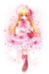  1girl bangs blonde_hair blush boots bow brown_footwear capelet closed_mouth commentary_request dress eyebrows_visible_through_hair flower flower_basket frilled_capelet frills hair_between_eyes himetsuki_luna holding holding_flower long_hair looking_at_viewer original petals pink_bow pink_capelet pink_dress platform_footwear red_eyes red_flower red_rose rose smile solo standing very_long_hair 