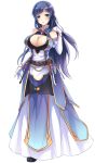  1girl belt blue_eyes blue_hair breasts chains cleavage cleavage_cutout dress elbow_gloves eyebrows_visible_through_hair full_body gloves hair_ornament hand_on_own_shoulder highres irene_(master_of_eternity) large_breasts light_blush long_dress looking_at_viewer master_of_eternity nexon official_art transparent_background wavy_hair 