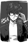  1boy amamiya_ren black_hair glasses looking_at_viewer male_focus monochrome persona persona_5 school_uniform short_hair shuujin_academy_uniform smile solo werkbau 