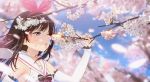  a.i._channel bangs bow cherry_blossoms hairband highres kizuna_ai one_eye_closed pink_bow pink_hairband sailor_collar swept_bangs tree upper_body virtual_youtuber white_sailor_collar 
