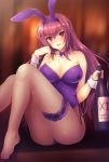  1girl absurdres animal_ears bottle bow bowtie breasts bunny_girl bunnysuit cleavage detached_collar fate/grand_order fate_(series) fishnet_pantyhose fishnets garter_belt highres large_breasts leotard long_hair looking_at_viewer pantyhose purple_leotard purple_neckwear rabbit_ears red_eyes redhead samoore scathach_(fate/grand_order) sitting solo strapless strapless_leotard wine_bottle wrist_cuffs 
