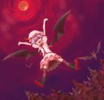  1girl absurdres artist_request bat bat_wings blue_hair dress fang floating flying forest hands_in_air happy highres looking_at_viewer moon nature red_eyes red_legwear red_moon remilia_scarlet tagme touhou white_dress wings 