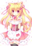  1girl :o animal_ears apron bangs black_legwear blonde_hair blush bow breasts cat_ears cat_girl cat_tail cleavage commentary_request eyebrows_visible_through_hair food_themed_hair_ornament frilled_apron frilled_skirt frills hair_between_eyes hair_ornament hair_ribbon hands_up heart heart_in_eye highres himetsuki_luna long_hair looking_at_viewer medium_breasts open_mouth original pink_bow pink_ribbon pink_skirt pleated_skirt puffy_short_sleeves puffy_sleeves ribbon short_sleeves skirt solo strawberry_hair_ornament symbol_in_eye tail tail_bow tail_ribbon thigh-highs two_side_up very_long_hair violet_eyes waist_apron white_apron white_background wrist_cuffs 