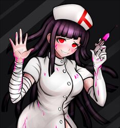  1girl alternate_costume bandage bandaged_arm bangs blunt_bangs blush dangan_ronpa dangan_ronpa_3 elbow_gloves gloves hat kurokku-tokei long_hair mole mole_under_eye nurse nurse_cap pink_blood purple_hair red_eyes single_glove skirt solo super_dangan_ronpa_2 syringe tsumiki_mikan 