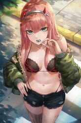  1girl aqua_eyes bangs bikini_top breasts candy collarbone darling_in_the_franxx denim denim_shorts envysoi eyeshadow food fur_trim hairband hand_on_hip highres horns jacket lollipop long_hair looking_at_viewer makeup medium_breasts navel off_shoulder outdoors pink_hair round_teeth short_shorts shorts solo teeth thigh-highs white_hairband zero_two_(darling_in_the_franxx) 