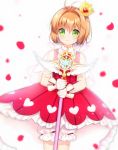  1girl bangs bloomers blurry blurry_background blush capelet card_captor_sakura closed_mouth commentary_request crown depth_of_field dress dutch_angle eyebrows_visible_through_hair green_eyes hair_between_eyes heart holding holding_staff kinomoto_sakura light_brown_hair mini_crown petals red_dress see-through simple_background sleeveless sleeveless_dress smile solo staff tengxiang_lingnai underwear white_background white_bloomers yume_no_tsue 