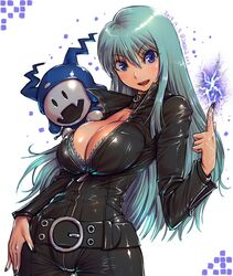 1girl amania_orz aqua_hair belt blue_eyes bodysuit bra breasts cleavage devil_summoner jack_frost large_breasts long_hair looking_at_viewer nemissa purple_eyes shin_megami_tensei soul_hackers tagme underwear