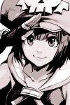  1girl closed_mouth fingerless_gloves gloves greyscale guilty_gear guilty_gear_xrd hand_up hankuri hat looking_at_viewer may_(guilty_gear) monochrome sailor_collar salute sleeveless smile solo upper_body 
