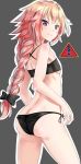  1boy armpits ass astolfo_(fate) b-pang_(dlcksdn95) bangs bare_arms bare_shoulders big_hair bikini black_bikini black_bow bow butt_crack closed_mouth commentary_request cowboy_shot cross-laced_clothes dot_nose eyebrows_visible_through_hair fate/apocrypha fate_(series) fingernails flat_chest from_side grey_background hair_bow hair_intakes highres long_hair looking_at_viewer looking_to_the_side lowleg lowleg_bikini male-female_symbol male_focus multicolored_hair outline pink_hair shiny shiny_hair side-tie_bikini sign simple_background smile solo standing stomach streaked_hair swimsuit trap two-tone_hair very_long_hair violet_eyes warning_sign white_hair white_outline 