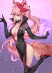  1girl animal_ears bow breasts choker eyebrows_visible_through_hair fate/grand_order fate_(series) fox_ears fox_shadow_puppet fox_tail glasses hair_bow highres large_breasts long_hair looking_at_viewer one_eye_closed pink_hair ryairyai side_ponytail sidelocks skin_tight solo tail tamamo_(assassin)_(fate) tamamo_(fate)_(all) very_long_hair yellow_eyes 
