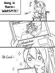  1girl 3koma blush braid comic crown english french_braid greyscale guin_guin helmet kantai_collection long_hair monochrome o_o sitting smile sparkle tablet triangle_mouth warspite_(kantai_collection) wheelchair youtube 