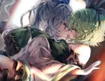  2girls bare_shoulders blurry blurry_background blush commentary eyebrows_visible_through_hair frills from_side green_hair hat hug long_hair long_sleeves looking_at_another mononobe_no_futo multiple_girls open_mouth piyokichi ponytail profile short_hair soga_no_tojiko sweat tate_eboshi touhou wide_sleeves yuri 