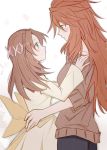  2girls amou_kanade aqua_eyes blush brown_hair casual dress face-to-face flower green_eyes hair_flower hair_ornament hands_on_another&#039;s_hips hands_on_another&#039;s_shoulders height_difference highres long_hair looking_at_another multiple_girls orange_eyes redhead senki_zesshou_symphogear senki_zesshou_symphogear_xd_unlimited serena_cadenzavna_eve smile sweater yuri 