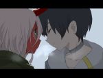  1boy 1girl ^_^ aqua_eyes black_hair blurry closed_eyes darling_in_the_franxx depth_of_field face-to-face half-closed_eyes happy highres hiro_(darling_in_the_franxx) horns looking_at_another pink_hair red_skin smile spoilers zero_two_(darling_in_the_franxx) 