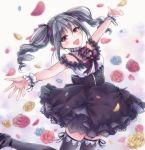  1girl black_dress black_legwear blue_eyes blue_flower blue_rose bow dress drill_hair flower highres idolmaster idolmaster_cinderella_girls jumping kanzaki_ranko long_hair looking_at_viewer open_mouth outstretched_arms red_eyes rirachoko rose silver_hair smile solo twin_drills twintails wrist_cuffs yellow_flower yellow_rose 