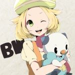  1girl bel_(pokemon) blonde_hair blush breasts commentary_request dress eyebrows hat kangokun open_mouth oshawott pokemon pokemon_(game) pokemon_bw short_hair teeth wink 