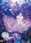  1girl 24_ch air_bubble bubble commentary_request coral dress fish frilled_dress frills hands_on_own_cheeks hands_on_own_face jellyfish long_hair original purple purple_hair sea_urchin solo too_many too_many_frills underwater violet_eyes 