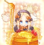  1girl :p abigail_williams_(fate/grand_order) bangs black_bow black_dress black_hat blonde_hair blue_eyes blush bow butter chibi closed_mouth commentary dress eyebrows_visible_through_hair fate/grand_order fate_(series) food forehead fork fruit hair_bow hat holding holding_fork holding_knife knife long_hair long_sleeves looking_at_viewer orange_bow pancake parted_bangs plaid plaid_background raspberry signature sleeves_past_fingers sleeves_past_wrists smile solo stack_of_pancakes syrup takanashi_hiyori teapot tongue tongue_out 