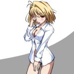  1girl arcueid_brunestud blonde_hair breasts cleavage contrapposto cowboy_shot gluteal_fold hair_intakes kore_(kore) no_bra no_pants one_eye_closed open_clothes open_shirt panties red_eyes rubbing_eyes shirt short_hair simple_background sketch solo tsukihime underwear 