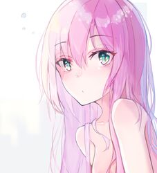  1girl bangs bare_arms bare_shoulders blush breasts closed_mouth collarbone commentary eyebrows_visible_through_hair green_eyes hair_between_eyes hair_over_shoulder hyakunin_momoko long_hair looking_at_viewer medium_breasts no_bra no_shirt original pink_hair simple_background solo tareme upper_body 