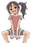  1girl :d absurdres between_legs bike_shorts commentary_request eyebrows_visible_through_hair fingernails grey_eyes grey_hair hand_between_legs head_tilt highres legs_apart light_blush looking_at_viewer open_mouth original pink_shirt shirt short_shorts short_sleeves shorts side_ponytail simple_background sketch smile solo white_background yamamoto_souichirou 
