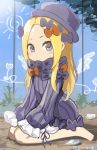  1girl abigail_williams_(fate/grand_order) bangs barefoot black_bow black_dress black_hat blonde_hair bloomers blue_eyes blush bow butterfly closed_mouth dress fate/grand_order fate_(series) forehead hair_bow hat insect long_hair long_sleeves on_ground orange_bow parted_bangs sitting sleeves_past_fingers sleeves_past_wrists solo twitter_username underwear v-shaped_eyebrows very_long_hair wariza white_bloomers younger yyo 