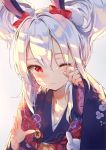  1girl animal_ears arm_up azur_lane bangs blush bow brown_background collarbone commentary_request daitai_sotogawa_(futomomo) double_bun eyebrows_visible_through_hair fingernails floral_print hair_between_eyes hair_bow hand_up head_tilt highres japanese_clothes kimono laffey_(azur_lane) long_hair long_sleeves looking_at_viewer obi one_eye_closed print_kimono purple_kimono rabbit_ears red_bow red_eyes sash sidelocks silver_hair simple_background sleeves_past_wrists solo tears wide_sleeves wiping_tears 