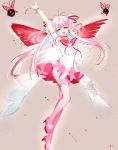  1girl :d ahma blue_eyes blush bow bowtie butterfly_wings copyright_request earrings grey_background hand_up high_heels highres jewelry looking_at_viewer open_mouth pantyhose pink_hair pink_legwear pink_neckwear pink_skirt round_teeth skirt smile solo teeth wings 